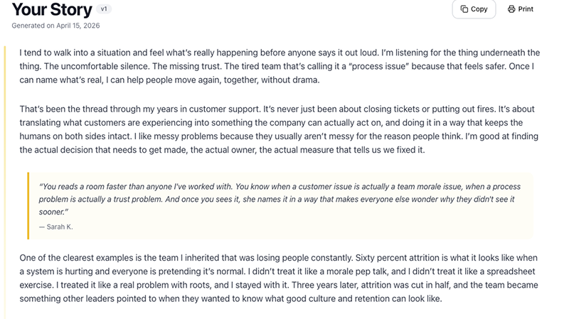 Core Story showing a personal career narrative with peer feedback