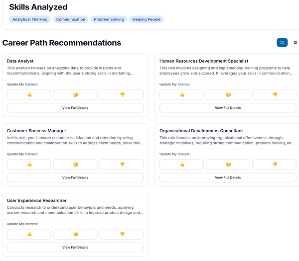 Career exploration results showing personalized role recommendations