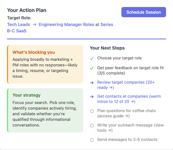Personalized strategist action plan showing detailed career execution strategy